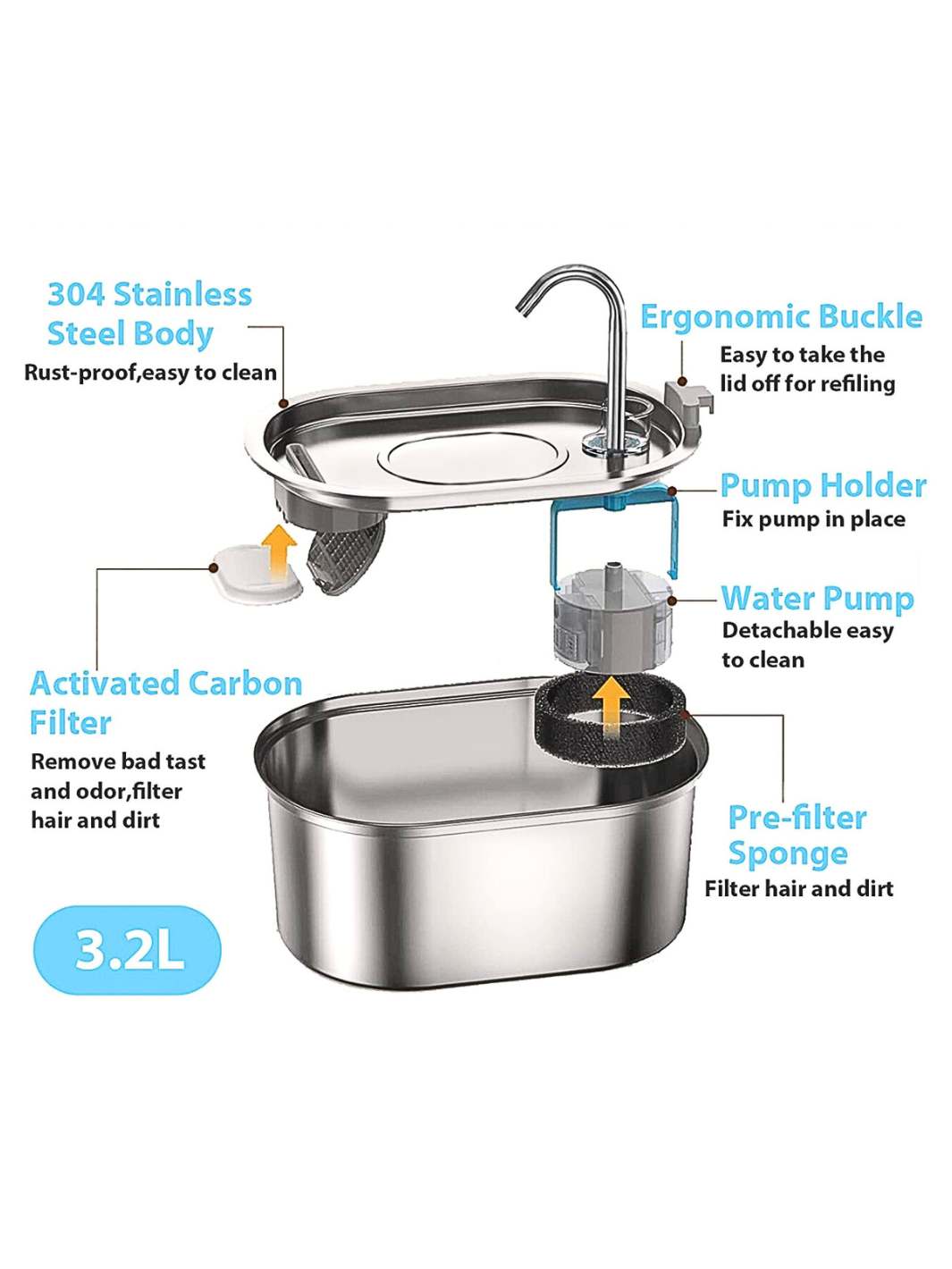Stainless Steel Large Capacity Cat Water Fountain (3.2 L)