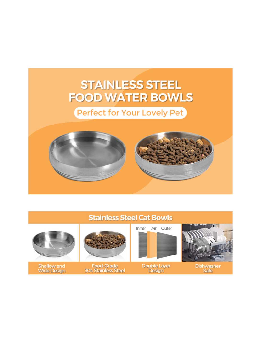 Stainless Steel Cat Bowl (Shallow and Wide) - Set of 2