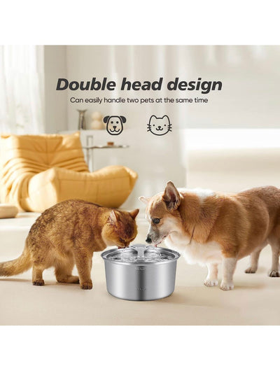 Stainless Steel Cat Water Fountain - For Two Pets (3.2 L)