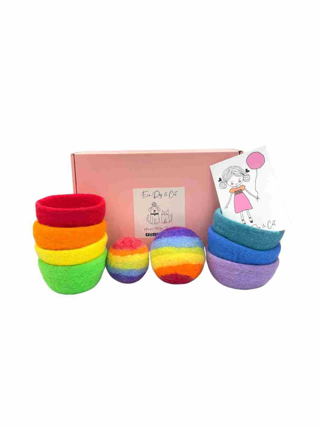 Eco Gift Set | Eco Gift | Gift for Her | Felt Bowls and Balls (Rainbow) - Gift Set | Felt Stacking Bowls | Felt Sensory Balls | Eco Dog & Cat