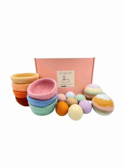 Eco Gift Set | Eco Gift | Gift Set | Educational Kid Toys | Eco Kid Ball | Felt Sensory Balls and Felt Stacking Bowls (Boho Gift Box) | Felt Stacking Bowls | Felt Bowls | Boho Chic | Earth Colours | Eco Dog & Cat