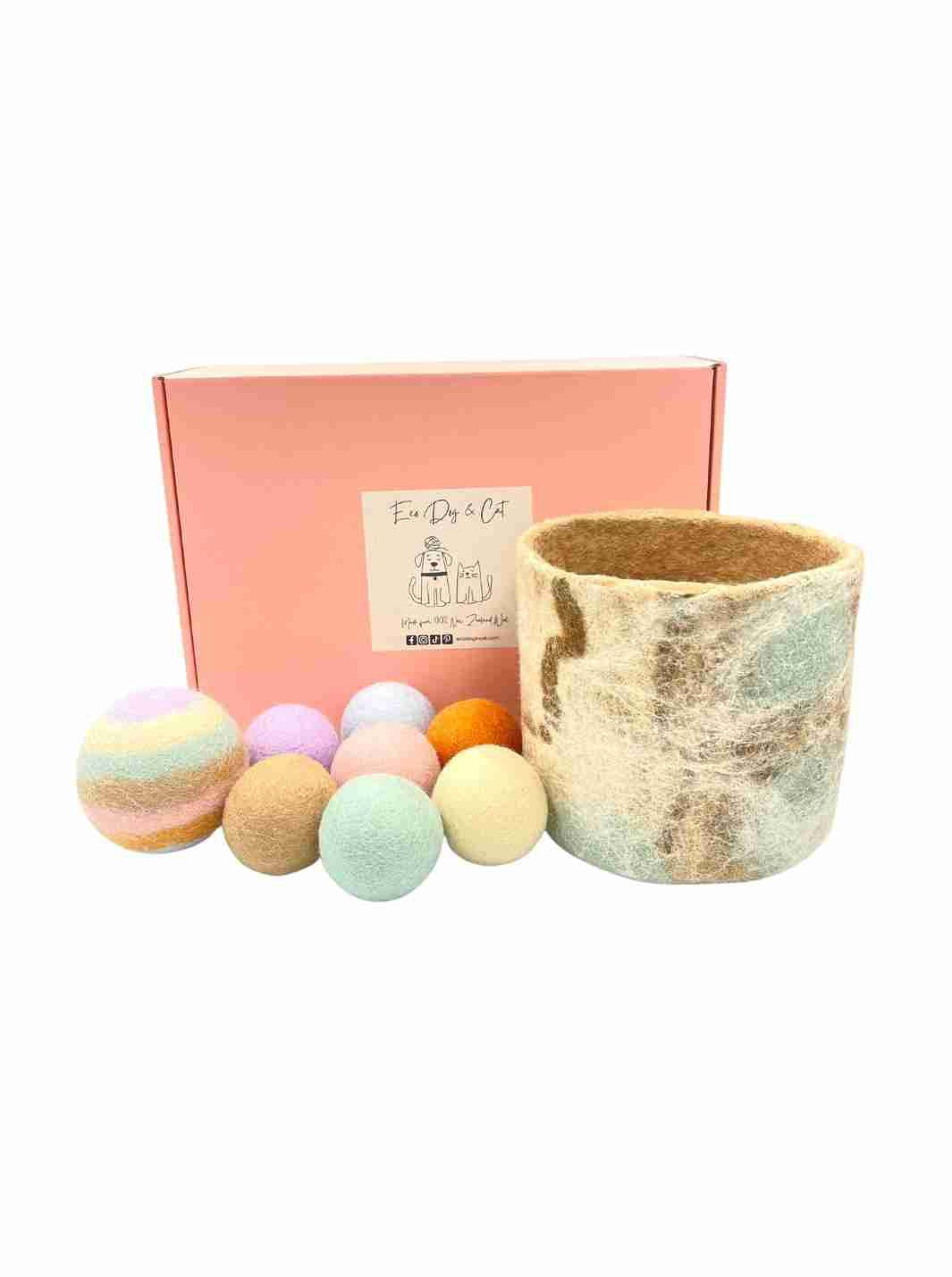 Eco Gift Set | Eco Gift | Gift Set | Educational Kid Toys | Eco Kid Ball | Felt Sensory Balls (Boho) and Felted Basket (Winter) - Gift Box | Boho Chic | Earth Colours | Eco Dog & Cat